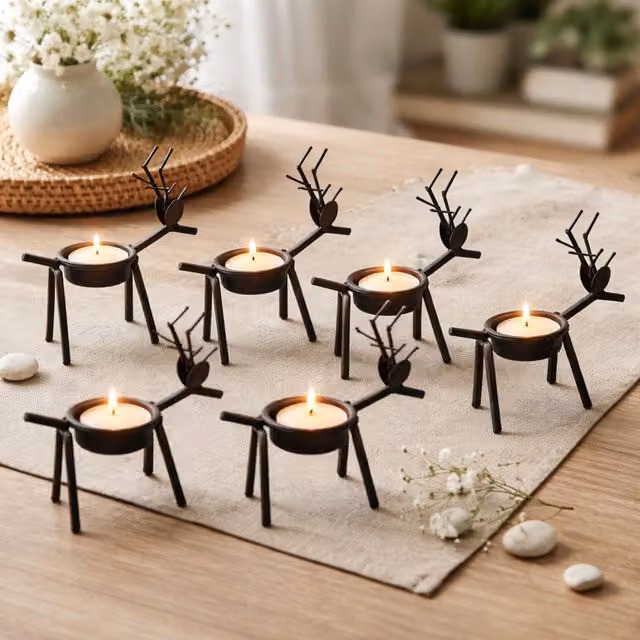 Marco Paul Set of 6 Metal Reindeer Tealight Candle Holders with Tealights in Brown Rustic Decor – 1
