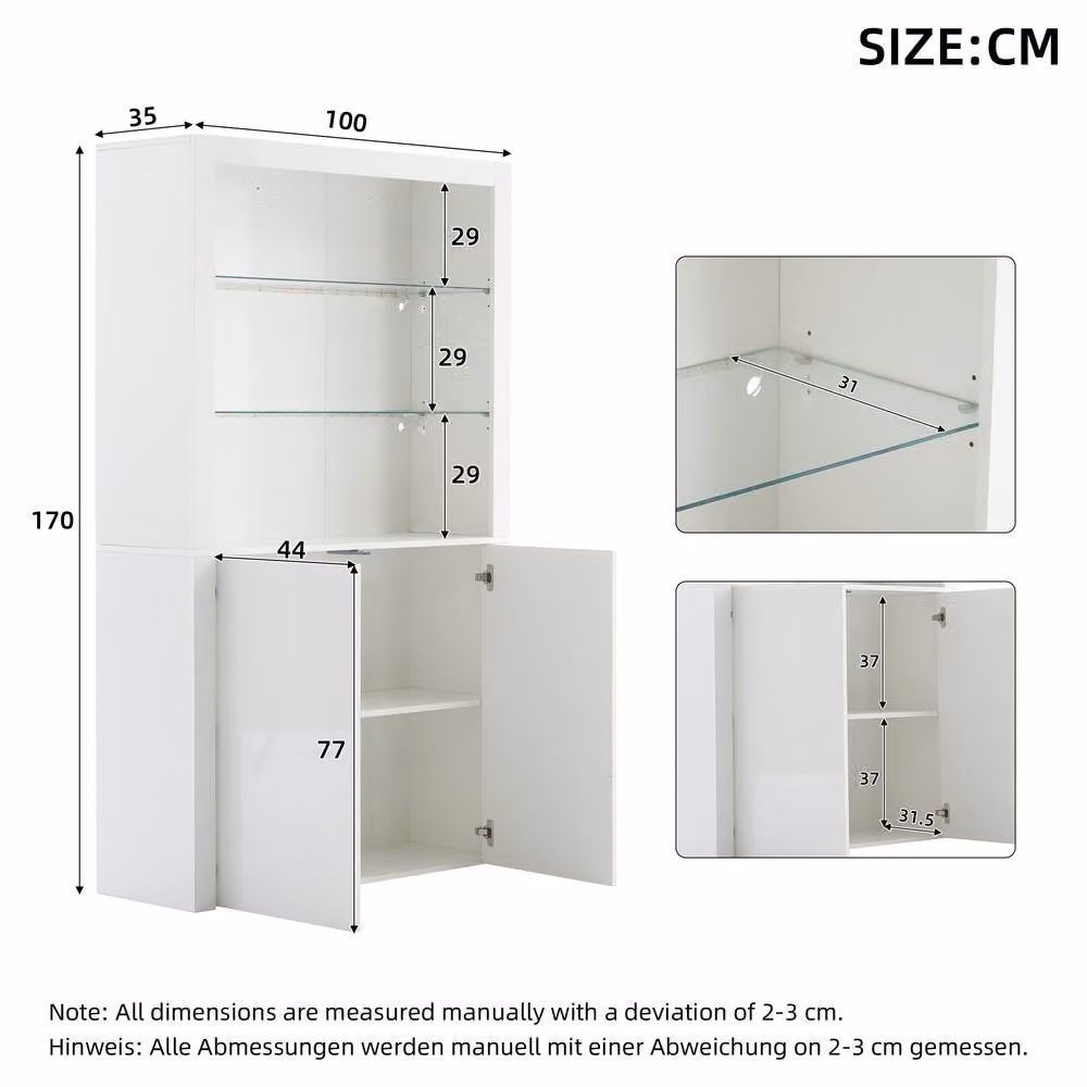 Merax White High Gloss Modern Freestanding Display Cabinet with Glass Doors and Integrated Lighting, H: 170 cm, W: 100 cm, D: 35 cm – 3