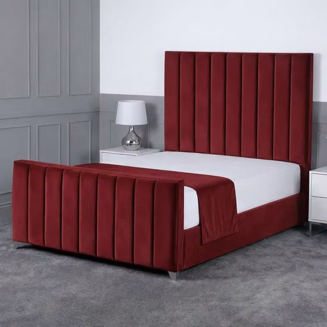 Living Comfort Bedz Empress Plush Velvet Upholstered Bed with Slatted Base and 48 Inch Headboard in Maroon, Small Double – 1
