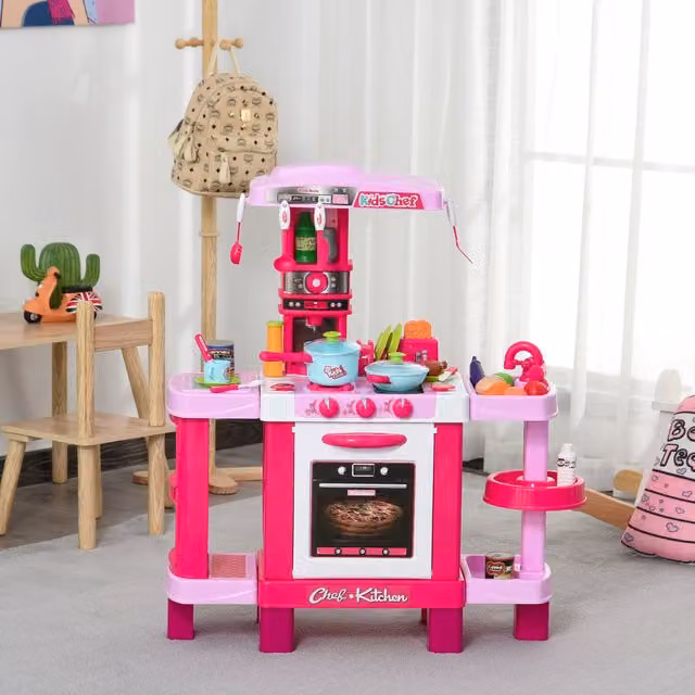 HOMCOM 38-Piece Kids Kitchen Play Set with Realistic Sounds and Lights in Pink