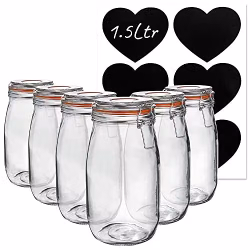 Argon Tableware Set of 6 Transparent Glass Storage Jars with Clip Lids and Labels, 1.5 l Each – 1