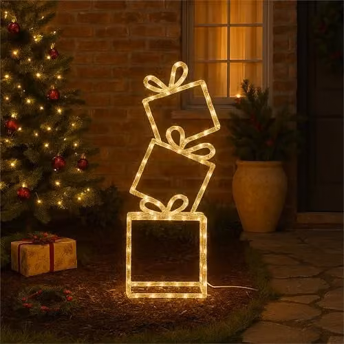 Xmas Haus Pre-Lit Stacking Presents with 190 Warm White LEDs, Black, Height: 73 cm