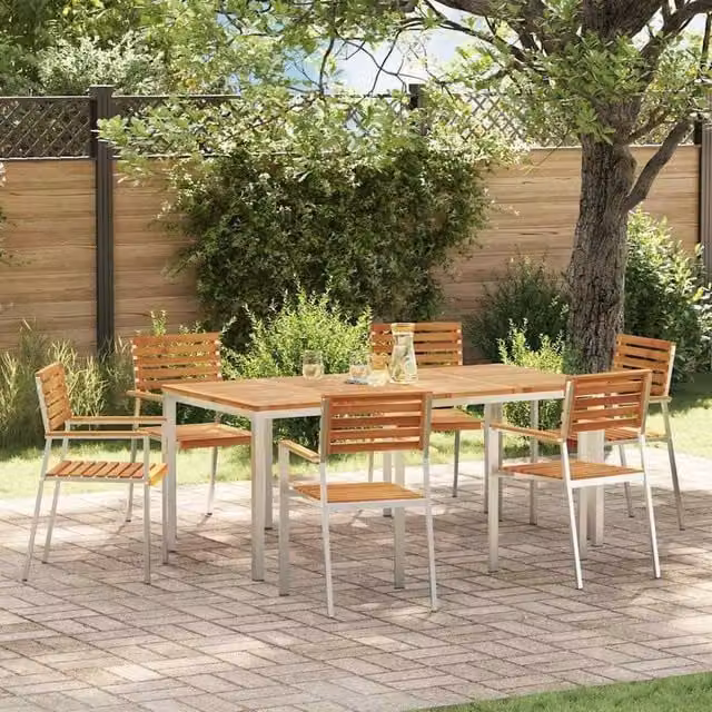 Berkfield Home 7 Piece Garden Dining Set in Brown Solid Acacia Wood and Stainless Steel