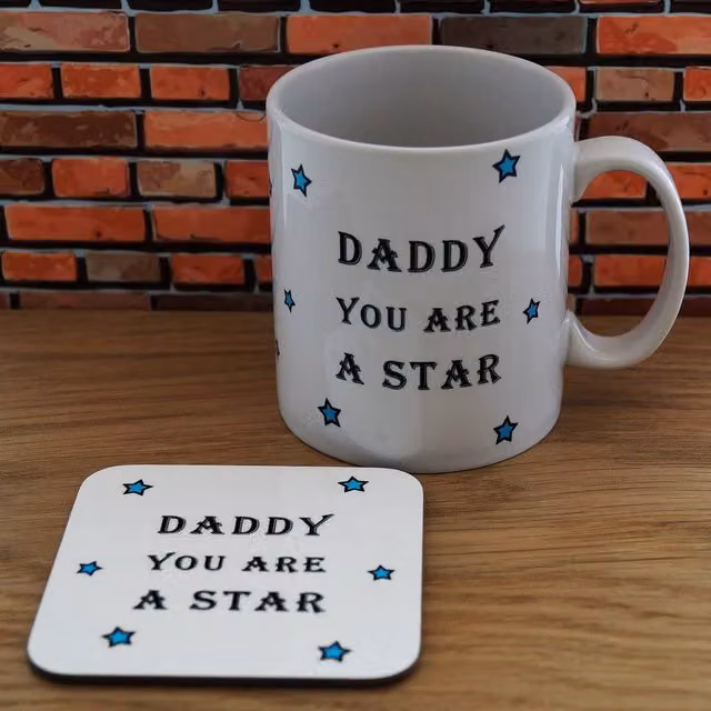 Uniqueful Men's Personalised Daddy You Are A Star Ceramic Mug and Round Coaster Set in White