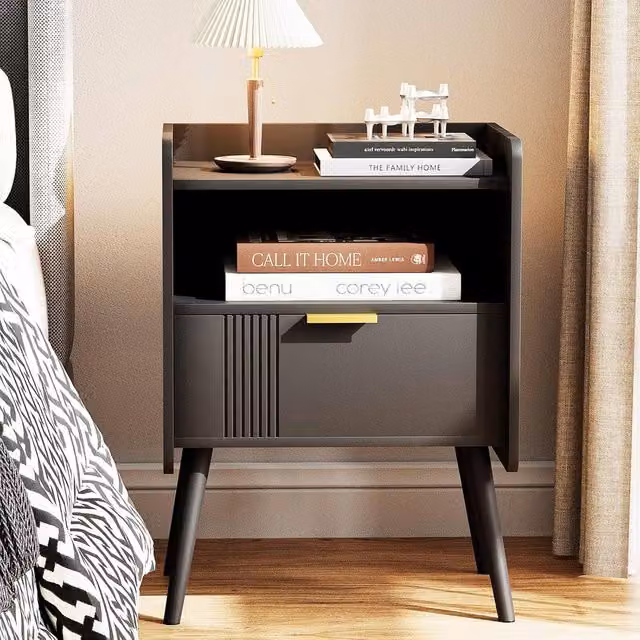 Huhote Stylish Black 2 Tier Bedside Table with Drawers – 1