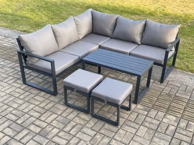 Fimous Dark Grey Aluminium Outdoor Garden Furniture Set with L-Shape Sofa, Coffee Table and 2 Ottomans