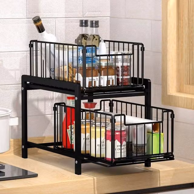 KORVIXA Black 2-Tier Metal Under Sink Organizer Shelf for Kitchen and Bathroom, W: 50 cm – 1