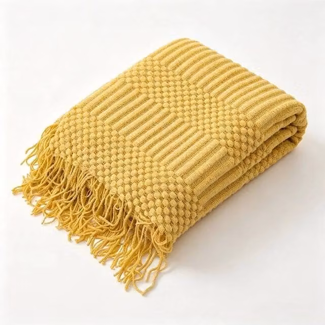 Pawnora Yellow Solid Knitted Throw Blanket, W: 130 cm, D: 150 cm