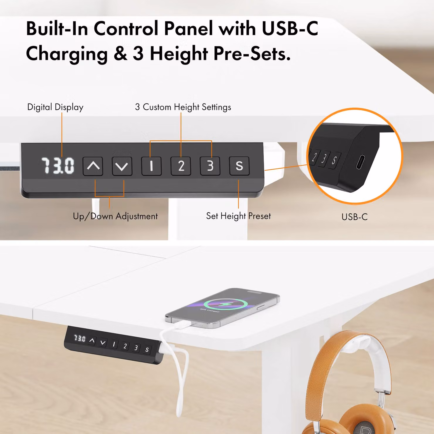 VonHaus Electric Height Adjustable Standing Desk with USB-C Charging in Matt White – 5