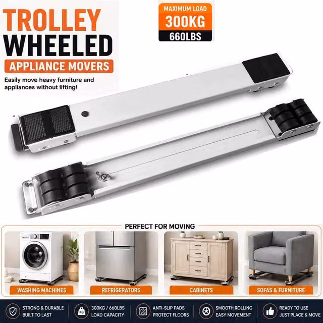 ATEK Heavy Duty Adjustable Appliance Rollers in White with Brake, 300kg Load Capacity for Moving Fridges, Washing Machines and Dryers – 1