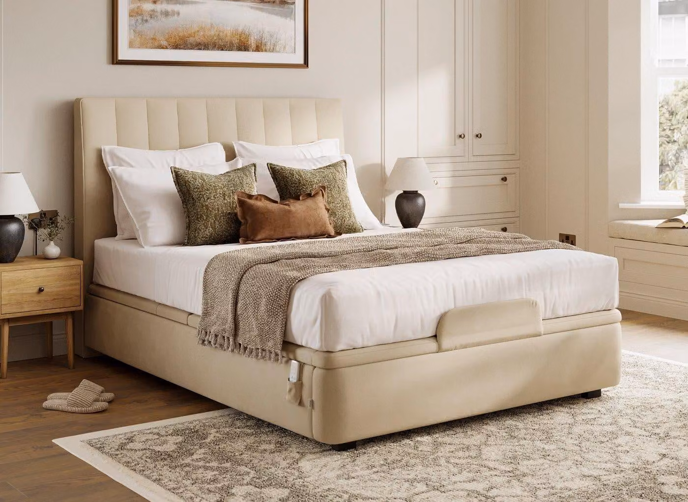 Tempur Motorised Adjustable Bed with Lift Up Base and USB Charging Port in Beige
