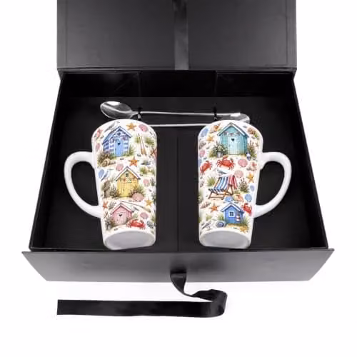 Purely Home Seaside Delights Tall Latte Mugs and Spoons Gift Boxed Set in Multicoloured and White Ceramic – 3