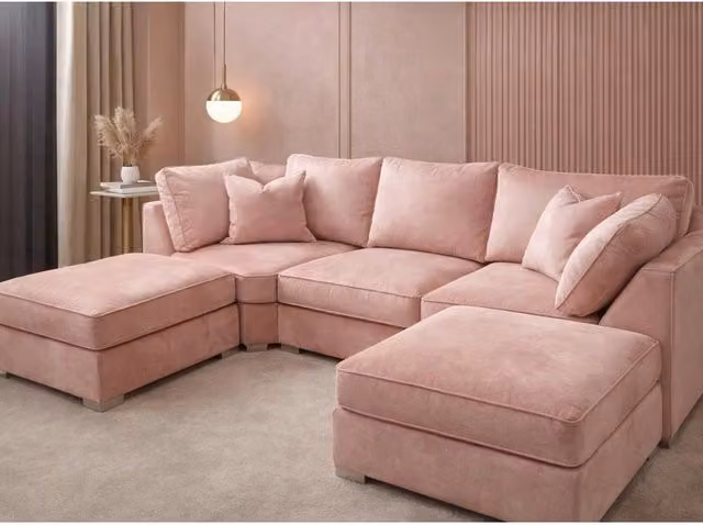 Home & Love Bishop U Shape Cinema Corner Sofa in Plush Pink Velvet with Matching Ottoman and Scatter Cushions – 1