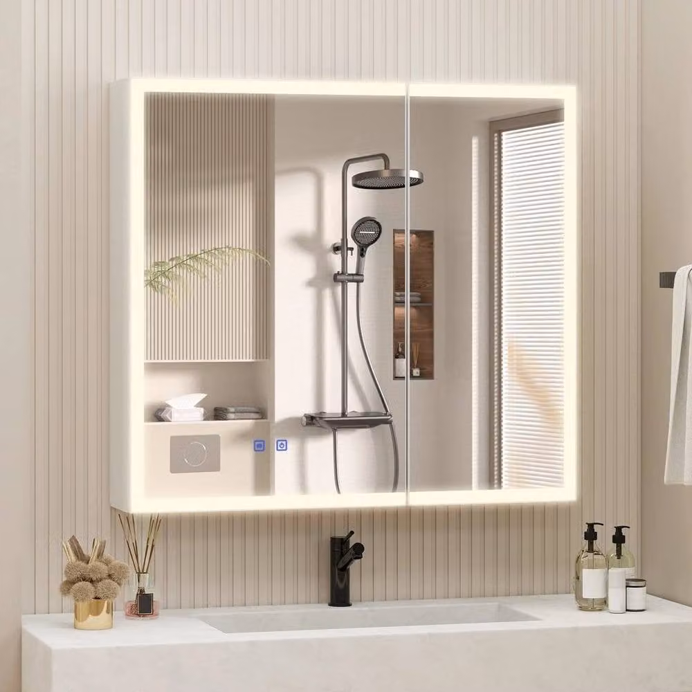 FORGEVIO Modern White Double Door Bathroom Mirror Cabinet with Integrated LED Lighting and Shaver Socket – 3