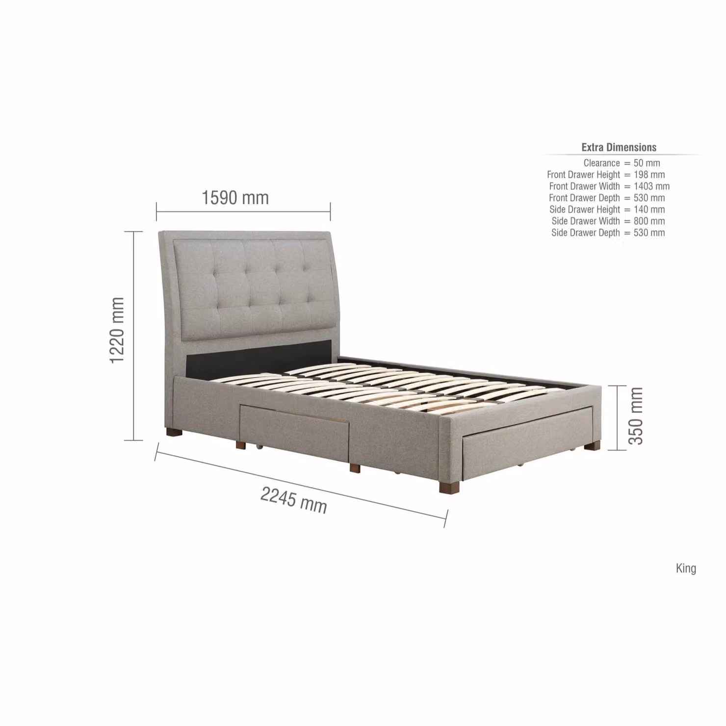 Birlea Shelby Grey Fabric Chesterfield Storage Bed with Drawers W/D/H: 140 x 200 x 135 cm – 4