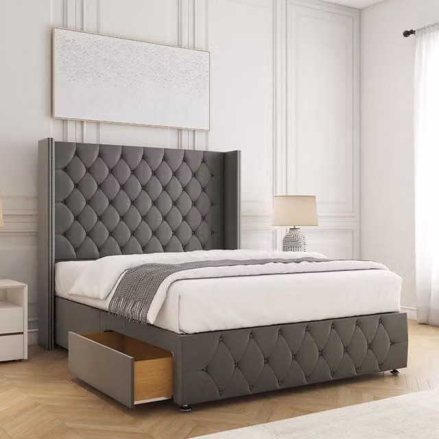 BSSPOKE Mayfair Super King Plush Velvet Divan Bed Set with 54 inch Headboard, 2 Drawers and Mattress in Grey, W/D/H: 200 x 200 cm