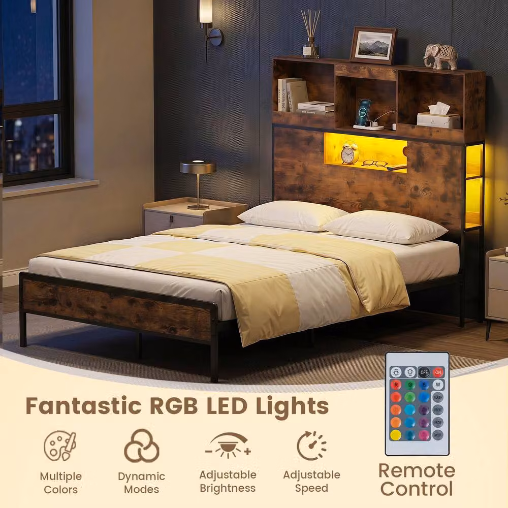 Gymax King Size Industrial Metal Bed Frame in Brown with LED Under-Bed Lighting, USB Charging Port and Side Compartments, W: 180 cm x D: 200 cm – 4