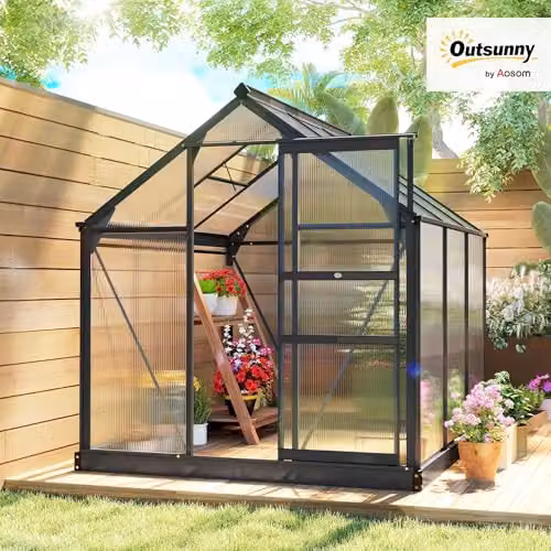 Outsunny Polycarbonate and Aluminium Walk-In Garden Greenhouse with Sliding Door and Window, Grey and Transparent, H: 190 cm – 2