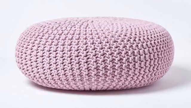 Homescapes Large Round Cotton Knitted Pouffe Footstool in Bright Pink