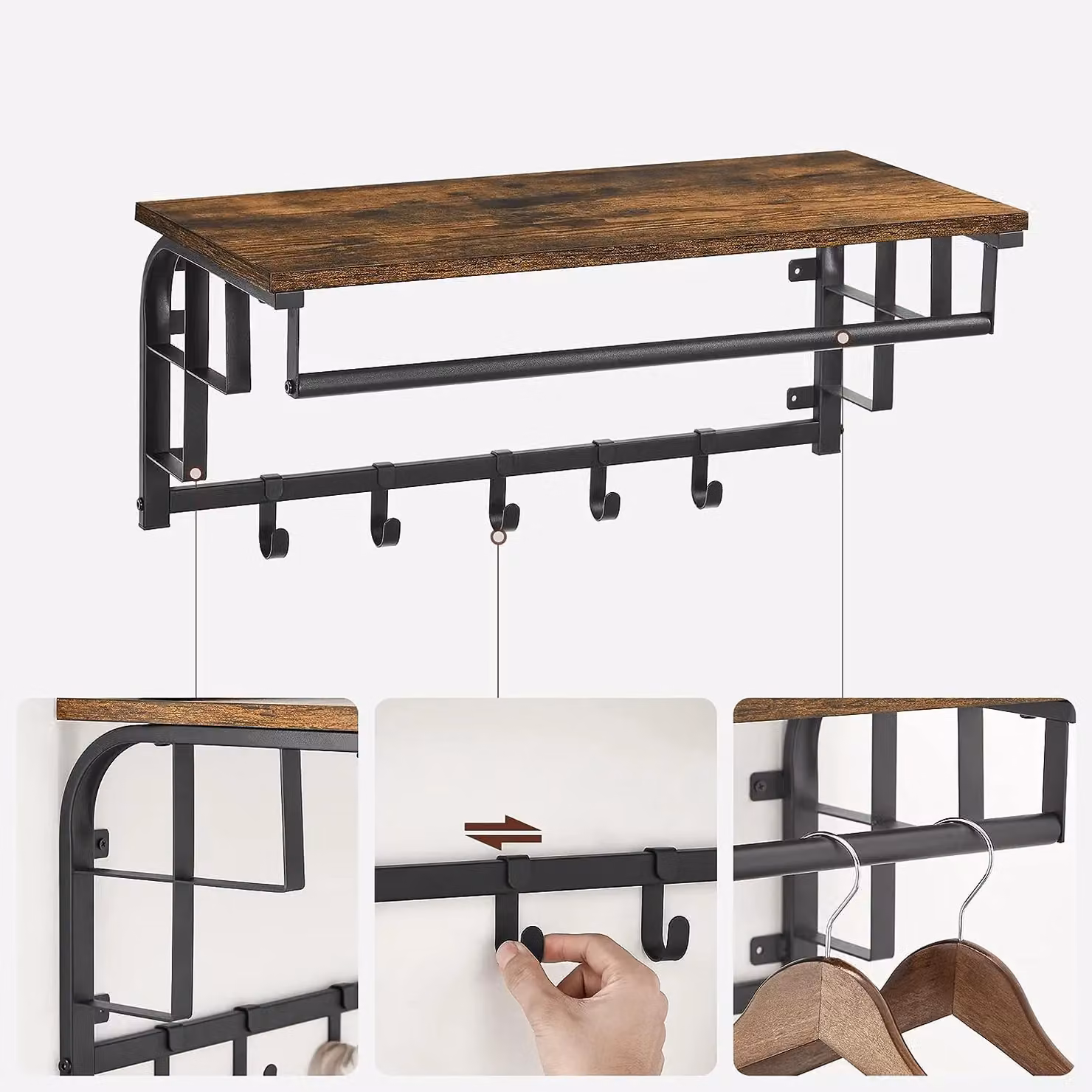 VASAGLE Rustic Brown Wall Mounted Coat Rail with Floating Shelf and 5 Removable Hooks – 4