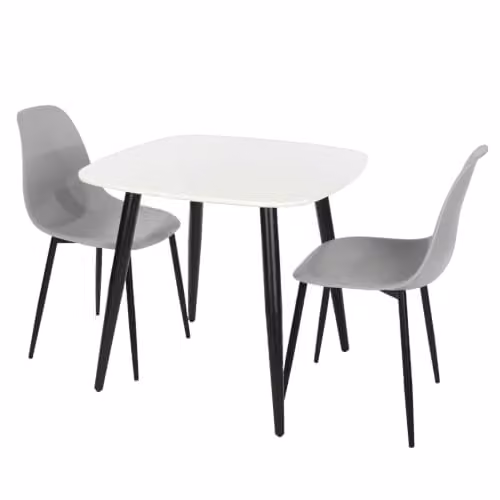 Core Products Aspen 3-Piece Dining Set with Square White Wood Table and Grey Ergonomic Plastic Chairs and Black Metal Legs – 1