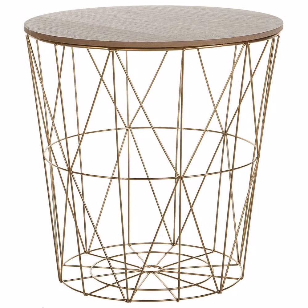 Wyld and Coco Geometric Glam Side Table with Gold Frame and Round Light-Wood Top, W/D/H: 40 x 40 x 40 cm – 2