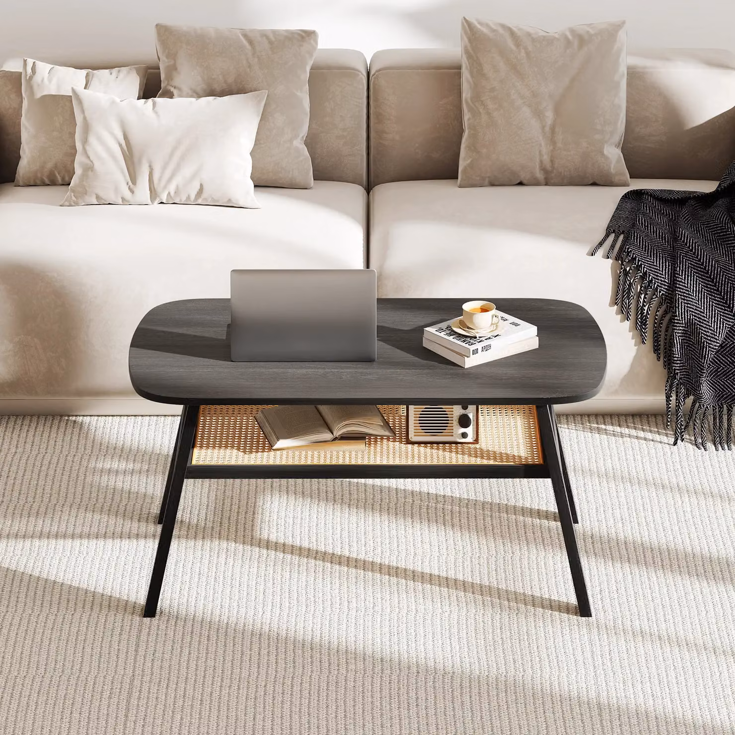 Gymax 2-Tier Rectangular Coffee Table with Storage Shelf in Black – 5