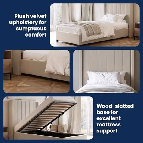 Flair Furnishings Tiggy Single Ottoman Bed Frame with Storage in Beige Velvet, W/D/H: 90 x 190 x 130 cm – 6