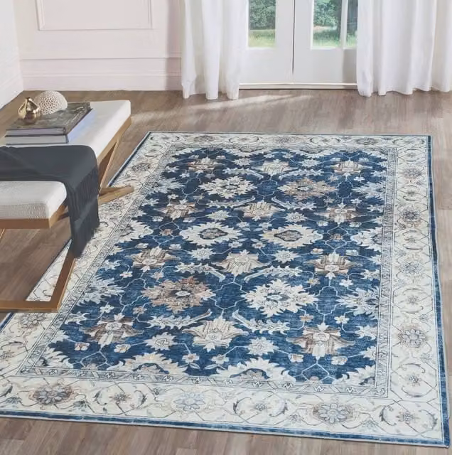 The Rug Shop UK Blue Bordered Floral Traditional Stain-Resistant Rectangular Rug, W/D/H: 60 x 180 cm – 1