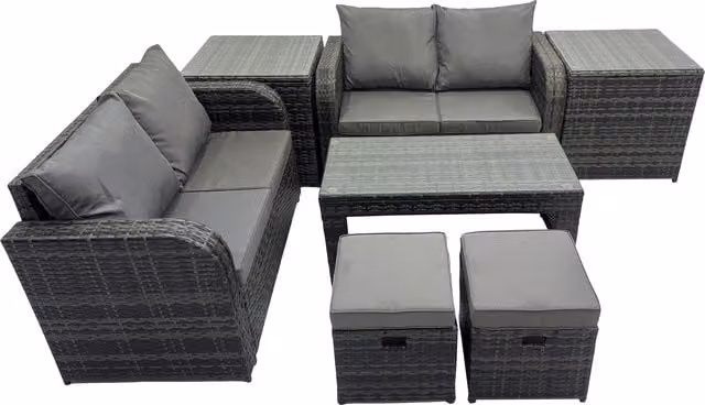 Fimous 3-Seater Outdoor Rattan Sofa Set with Coffee Table and Ottoman in Grey
