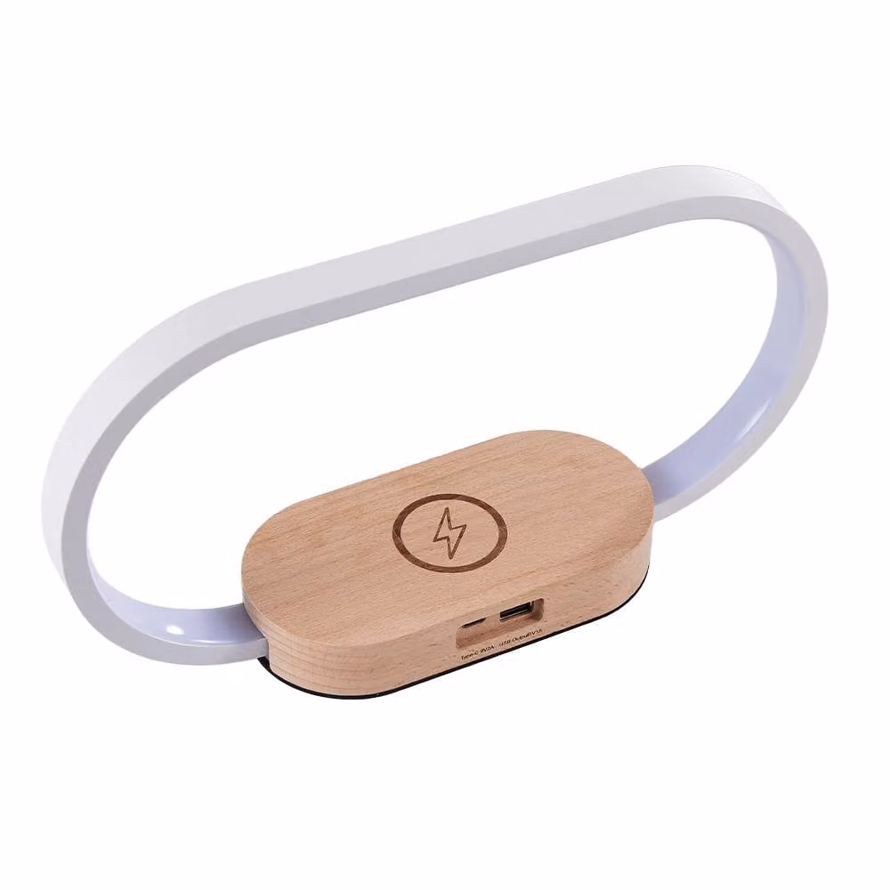 Living and Home Dimmable LED Table Lamp with Wireless Charger in Beige and Wood – 3
