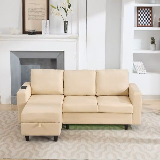 Rolipo Beige L Shaped 3 Seater Corner Sofa with Storage, USB Charging and LED Lighting – 1