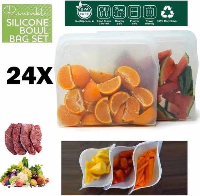 ATEK 24 Pack Reusable BPA Free Silicone Zip Lock Freezer Bags in Clear Transparent for Vacuum Food Storage