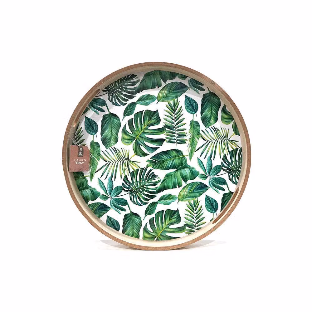 Voltico Round Wooden Garden Serving Tray with Green Floral Leaf Print, Diameter: 35 cm – 2