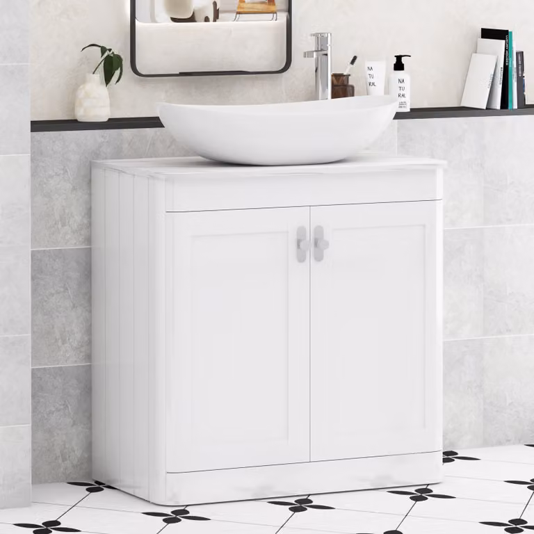 Royal Bathrooms Henley 800mm Gloss White Floor Standing 2 Door Vanity Unit with Cesar Basin and Chrome Knob