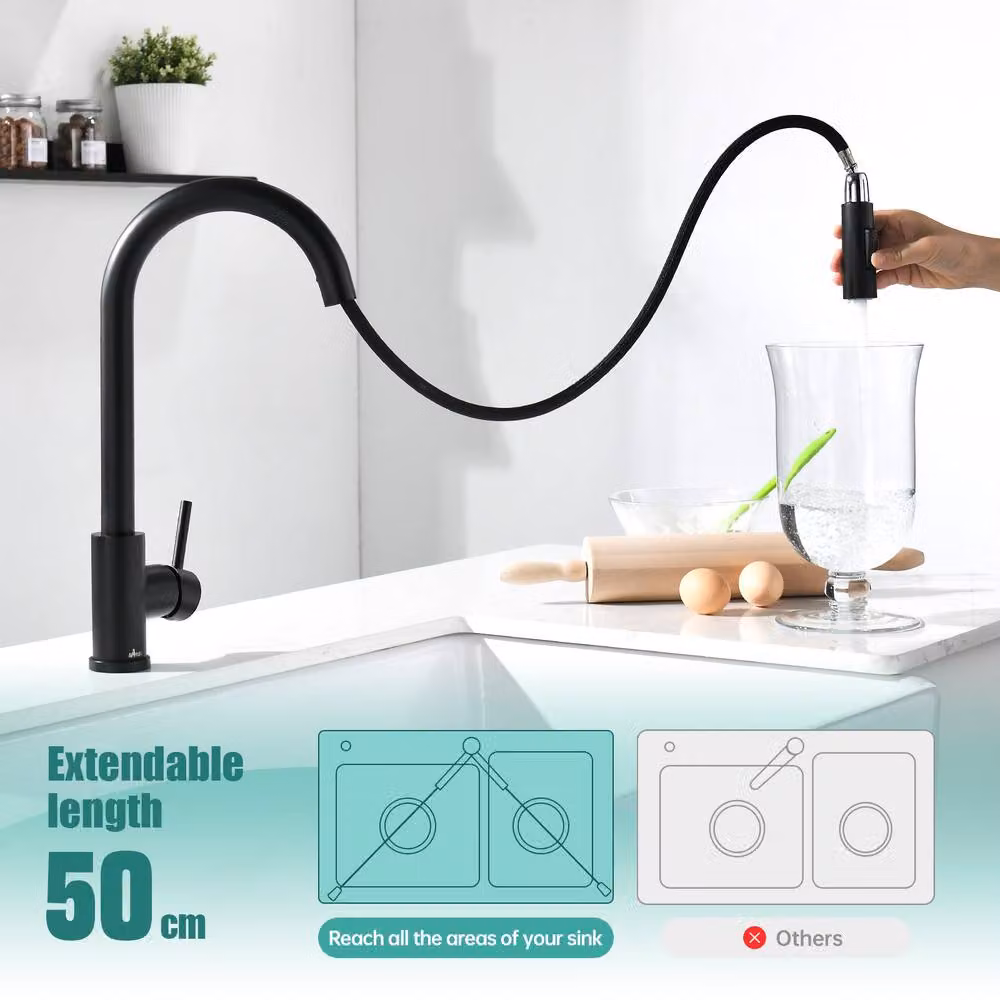 Appaso Matt Black Stainless Steel Kitchen Sink Mixer Tap with High Pressure Single Lever and Pull Out Sprayer – 2