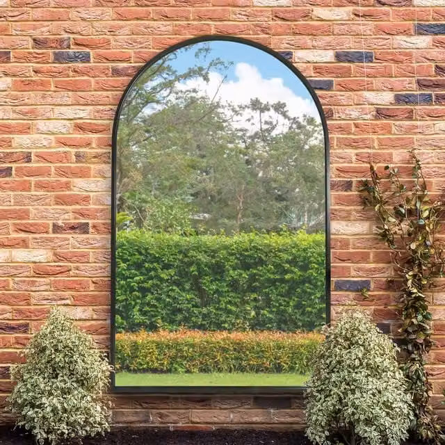 MirrorOutlet The Arcus Black Framed Arched Metal Garden Wall Mirror