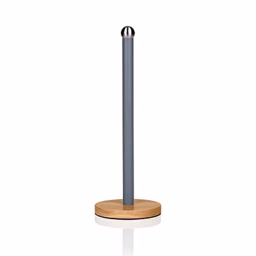 Swan Nordic Scandi Freestanding Towel Pole and Kitchen Roll Holder with Non-Slip Bamboo Base, Grey – 1