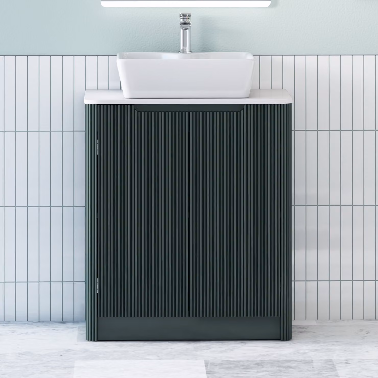 Royal Bathrooms Avenza Moss Green Floor Standing 2 Door Vanity Unit with White Worktop and Cube Basin