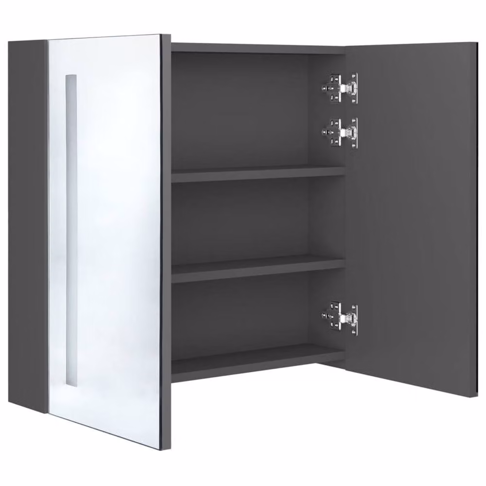 Berkfield Home Grey Glossy LED Bathroom Mirror Cabinet with Internal Shelves, W/D/H: 60 x 14 x 62 cm – 3