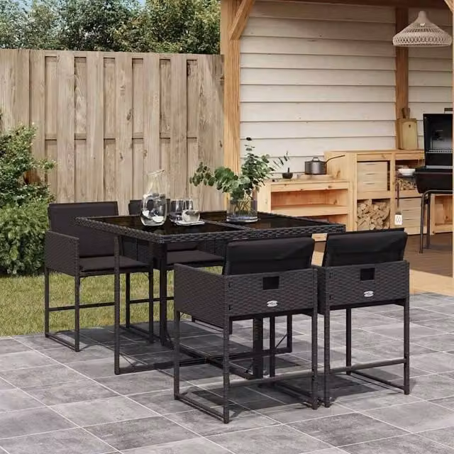 Berkfield Home Garden 4-Seater Modern Rattan Dining Set with Glass Top in Black