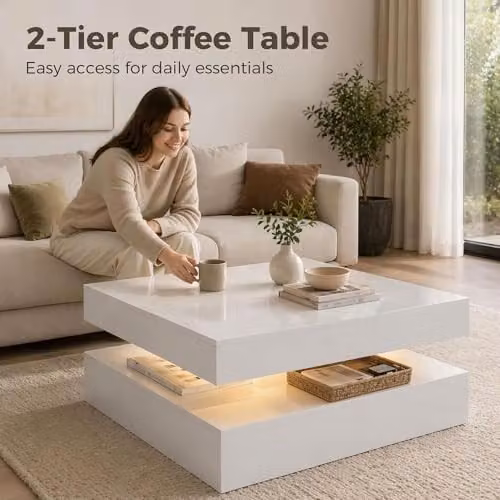 HOMCOM Modern High Gloss White LED Coffee Table with 2-Tier Storage and Lift Mechanism, W/D/H: 78 x 40 x 40 cm – 5