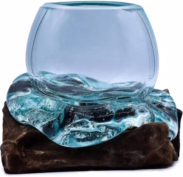 KDMD Handcrafted Molten Glass Goldfish Bowl in Turquoise and Transparent with Wood Base, Diameter: 20 cm