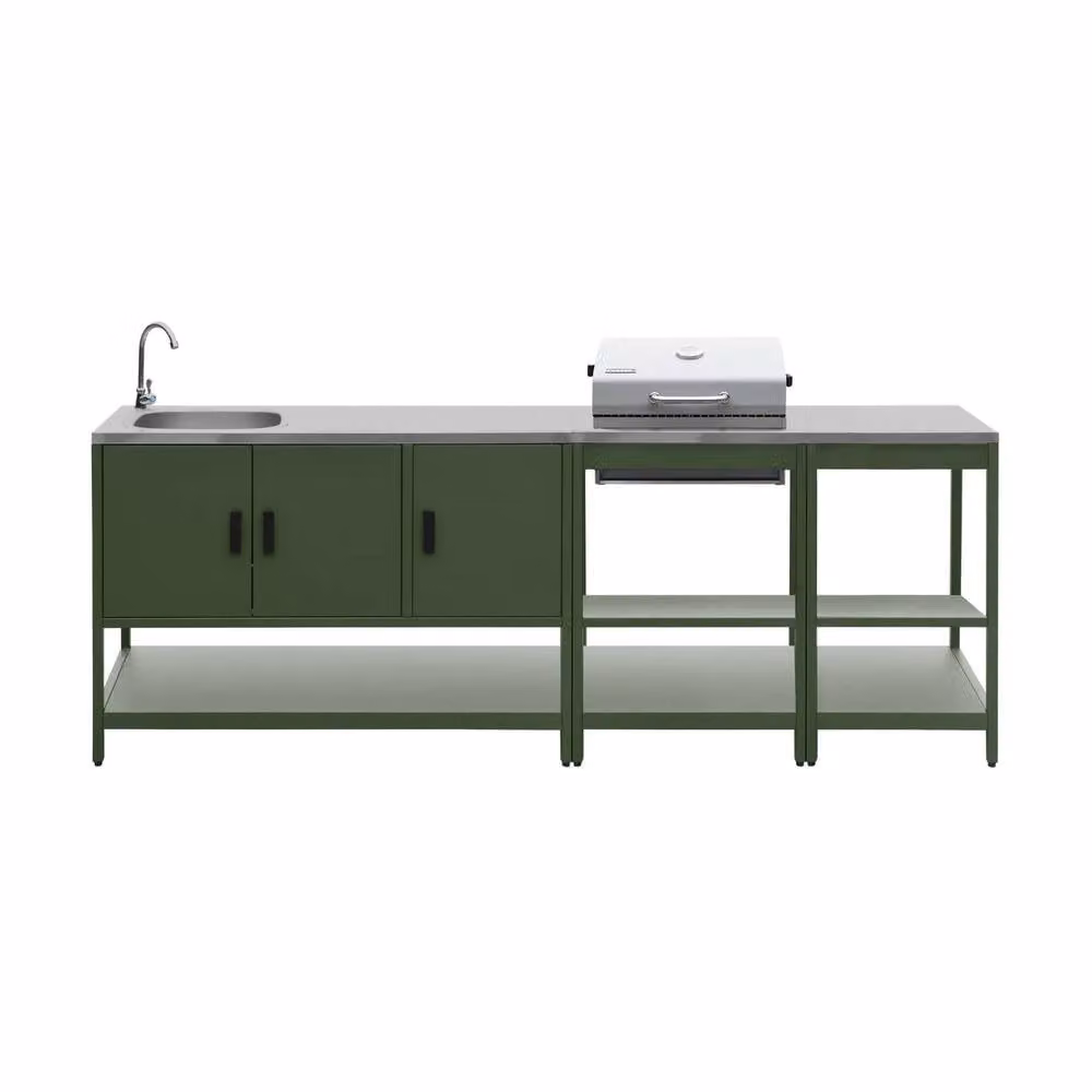 sweeek Outdoor Kitchen with Charcoal Barbecue and 3 Modules including Sink in Green and Stainless Steel – 2