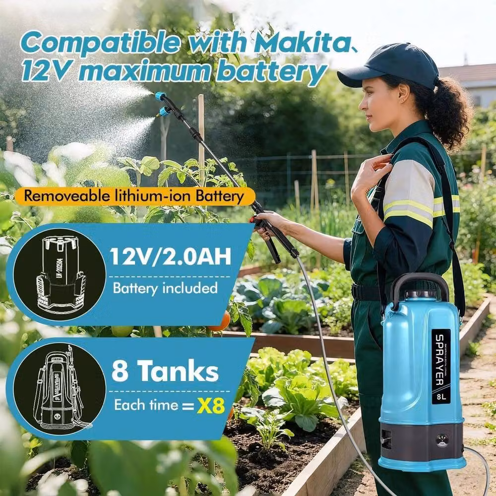 KORVIXA 8L Electric Garden Sprayer with Rechargeable Battery and 5 Mist Nozzles, Blue and Multicolour – 6