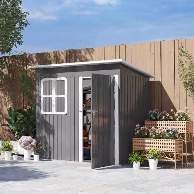 Outsunny Metal Pent Garden Shed with Foundation Kit and Window, Dark Grey