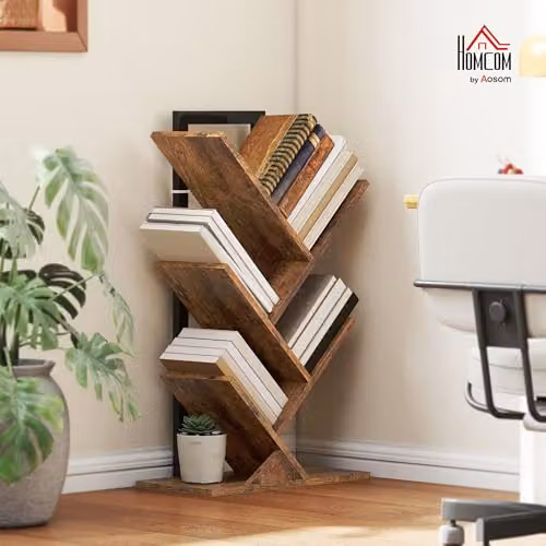 HOMCOM 5-Tier Industrial Tree Bookshelf with Steel Frame, Brown – 2