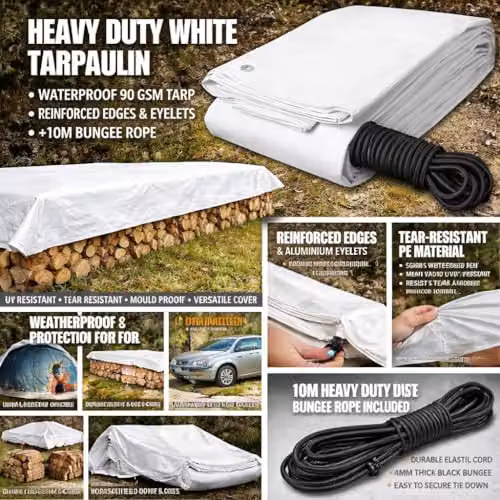 SolaDirect White Heavy-Duty Waterproof Tarpaulin with Aluminium Eyelets and Black Bungee Rope, 4 x 5 m – 4