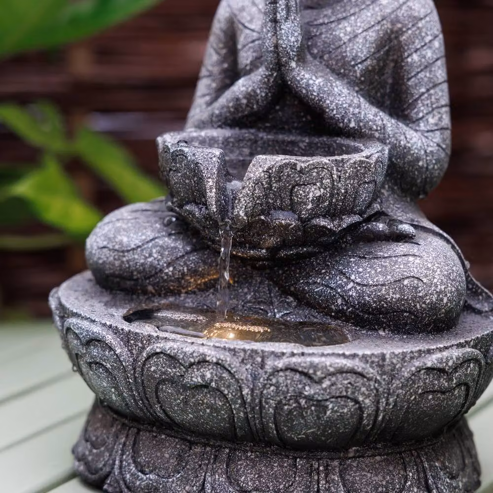 Primrose Praying Buddha Tabletop Water Feature with LED Lights in Grey – 4
