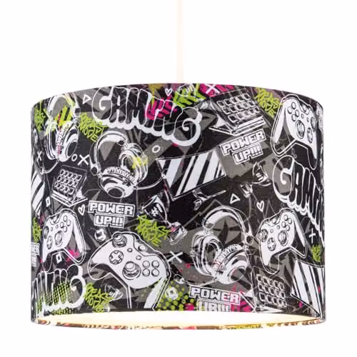 Happy Homewares Modern Gaming Themed Cotton Fabric Cylinder Lamp Shade in Black and Green, W: 18 cm, H: 25 cm – 2